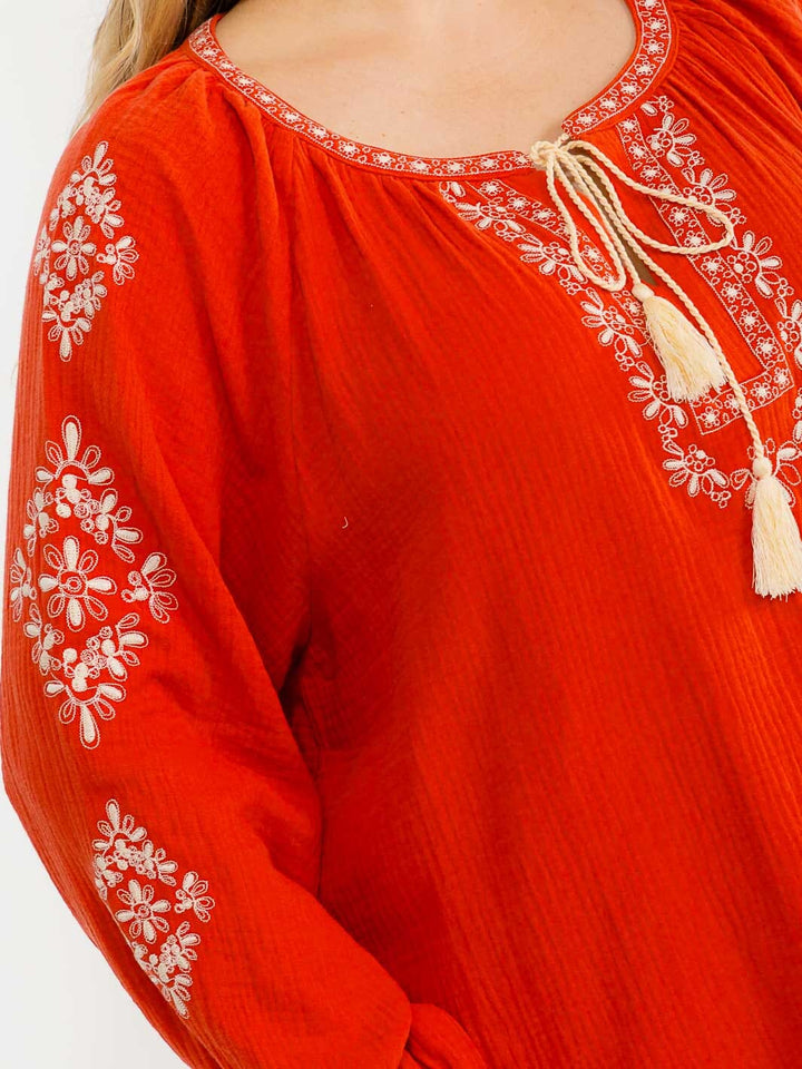 PLUS SIZE LONG SLEEVE V-NECK LOOSE FIT TUNIC EMBROIDERY BLOUSE