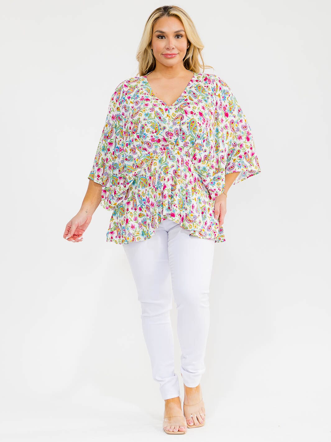 PLUS SIZE 3/4 SLEEVE V-NECK TUNIC FLORAL PRINT BLOUSE