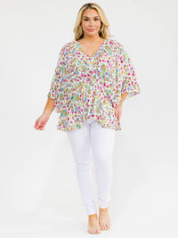 PLUS SIZE 3/4 SLEEVE V-NECK TUNIC FLORAL PRINT BLOUSE