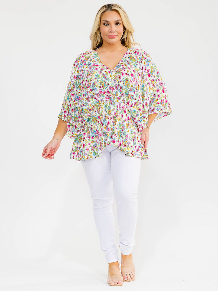 PLUS SIZE 3/4 SLEEVE V-NECK TUNIC FLORAL PRINT BLOUSE
