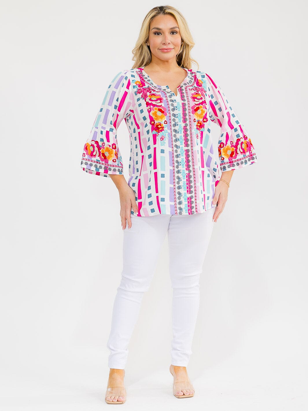 PLUS SIZE LONG SLEEVE V-NECK LOOSE FIT MULTI PRINT EMBROIDERY BLOUSE