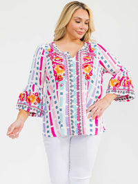PLUS SIZE LONG SLEEVE V-NECK LOOSE FIT MULTI PRINT EMBROIDERY BLOUSE