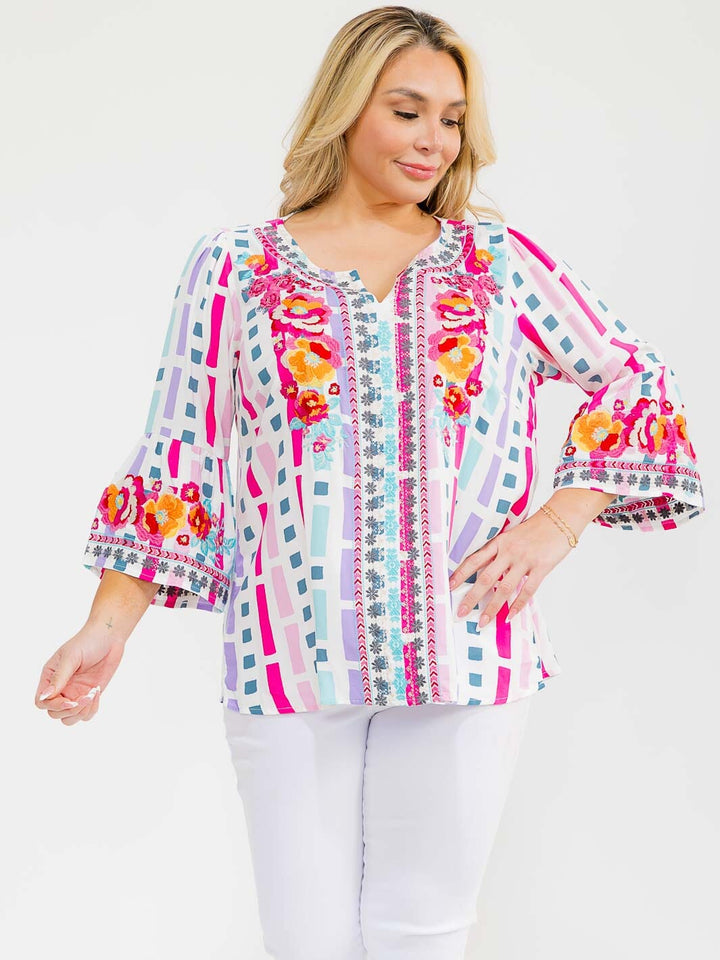 PLUS SIZE LONG SLEEVE V-NECK LOOSE FIT MULTI PRINT EMBROIDERY BLOUSE