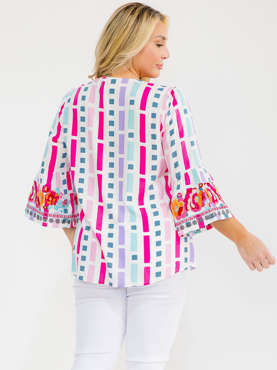 PLUS SIZE LONG SLEEVE V-NECK LOOSE FIT MULTI PRINT EMBROIDERY BLOUSE