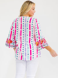 PLUS SIZE LONG SLEEVE V-NECK LOOSE FIT MULTI PRINT EMBROIDERY BLOUSE