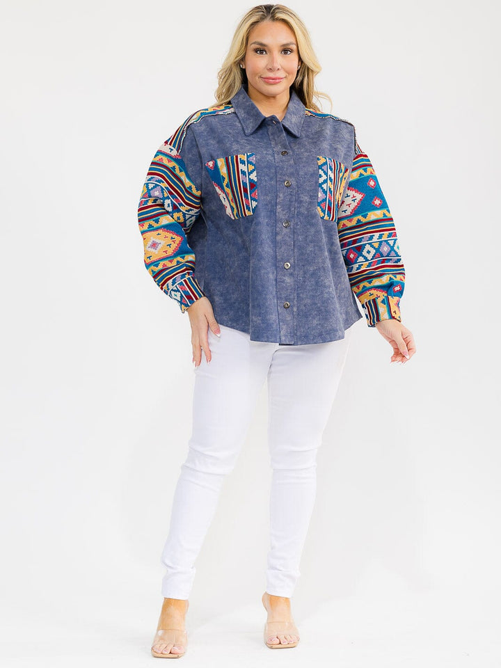 PLUS SIZE LONG SLEEVE BUTTON CLOSURE FRONT POCKETS PRINT DENIM JACKET