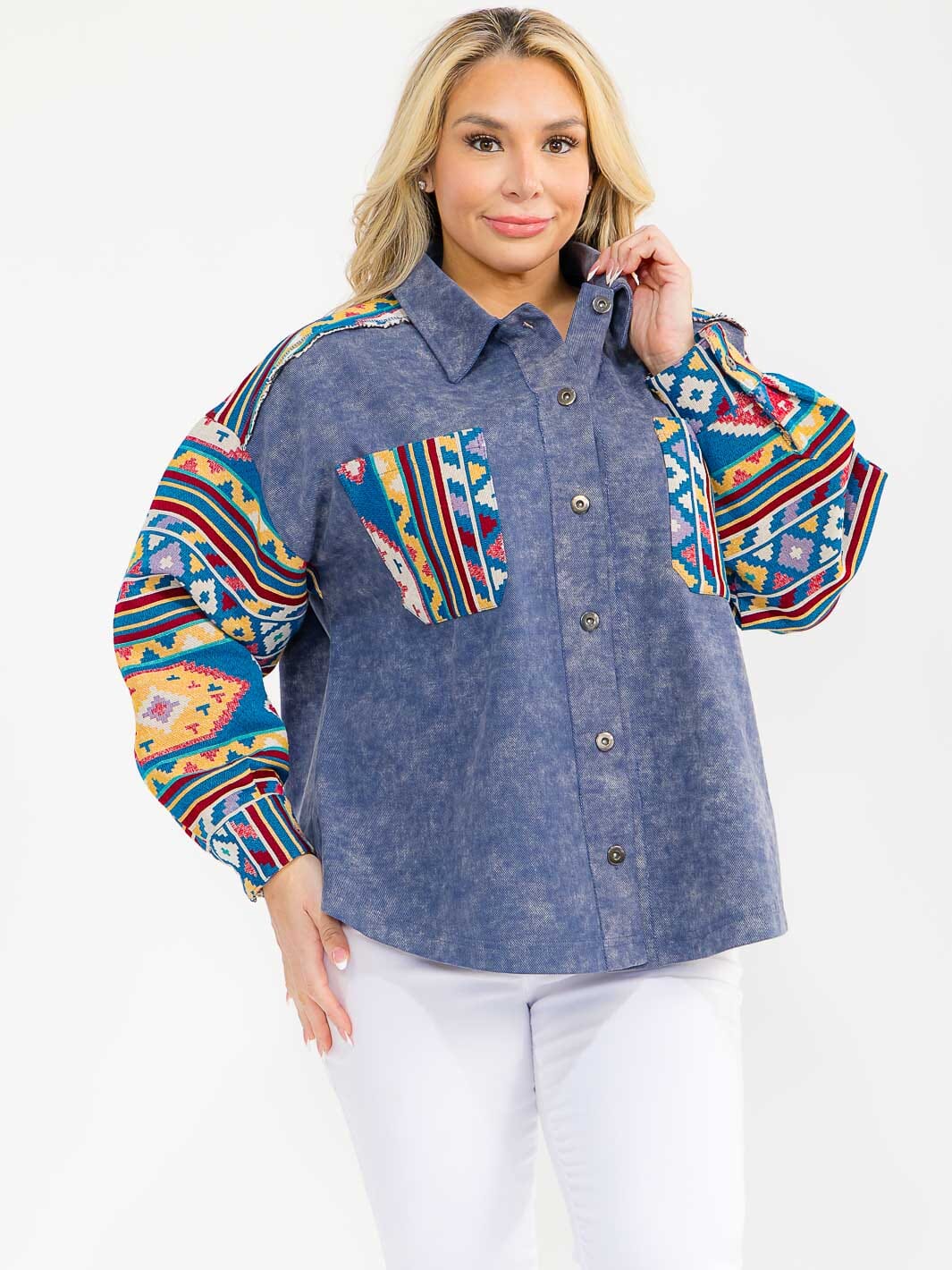 PLUS SIZE LONG SLEEVE BUTTON CLOSURE FRONT POCKETS PRINT DENIM JACKET