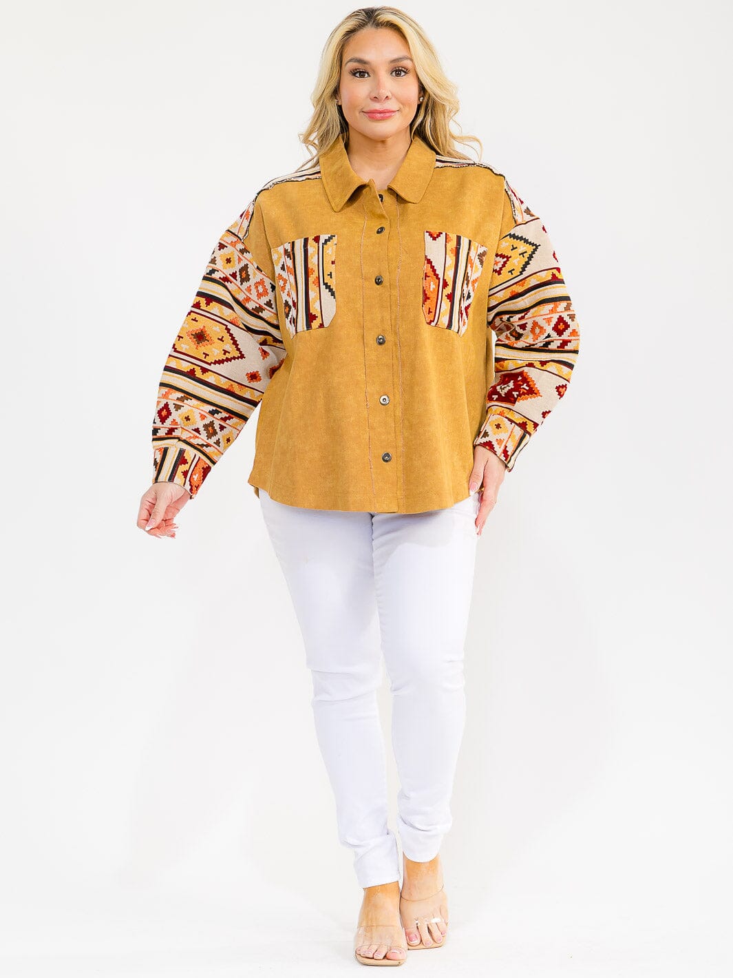 PLUS SIZE LONG SLEEVE BUTTON CLOSURE FRONT POCKETS PRINT DENIM JACKET