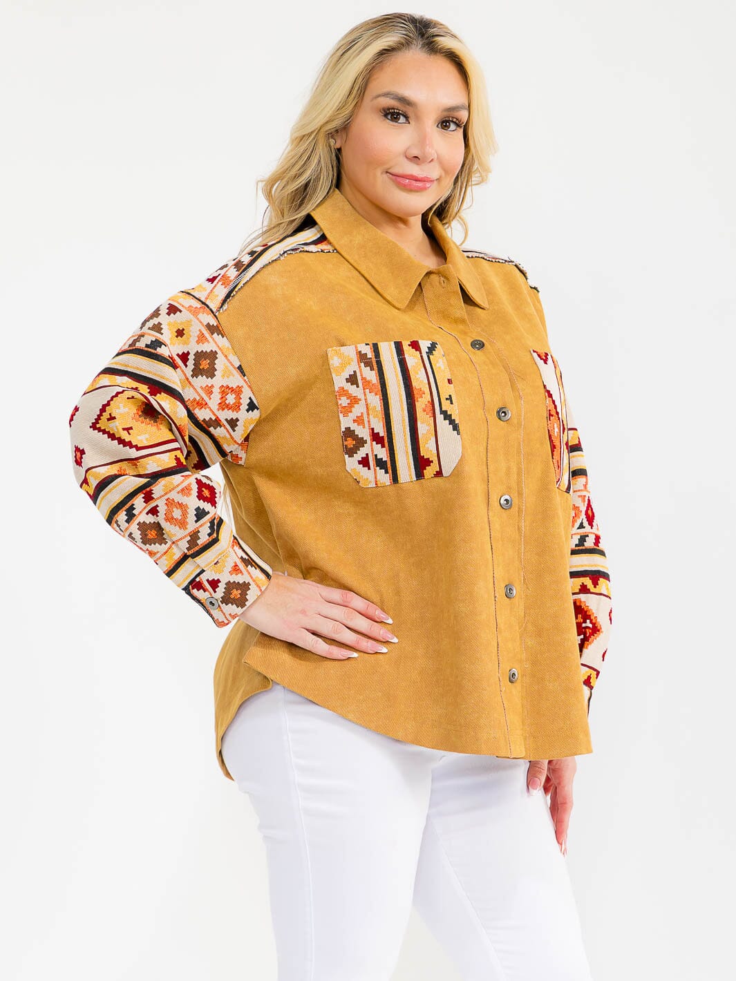 PLUS SIZE LONG SLEEVE BUTTON CLOSURE FRONT POCKETS PRINT DENIM JACKET