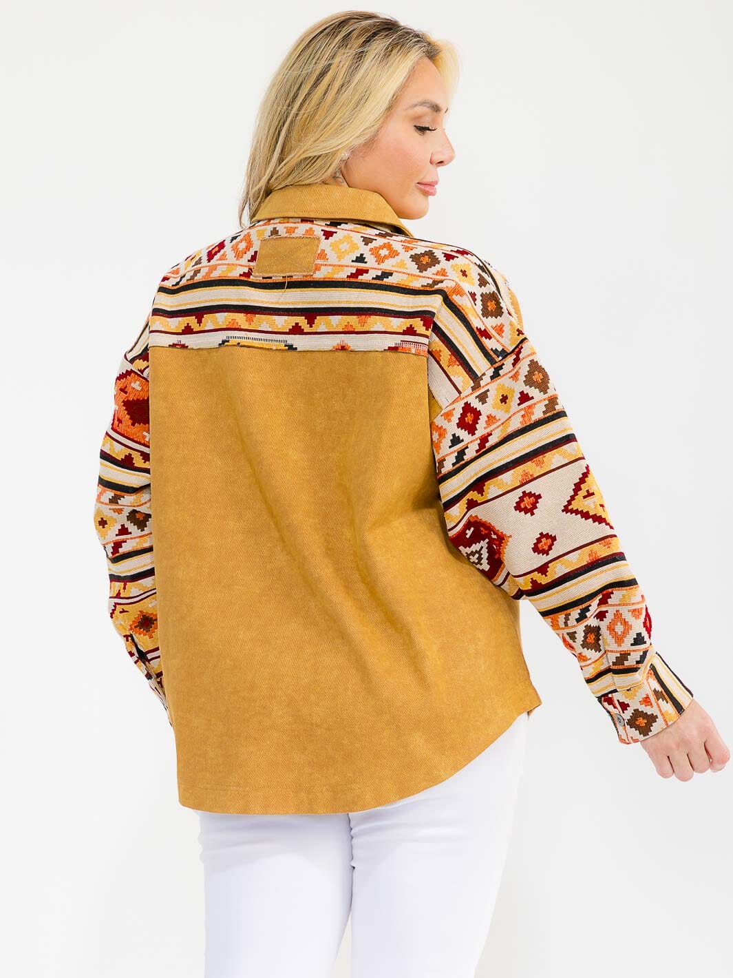 PLUS SIZE LONG SLEEVE BUTTON CLOSURE FRONT POCKETS PRINT DENIM JACKET