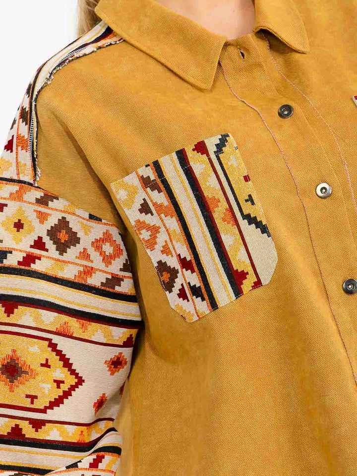 PLUS SIZE LONG SLEEVE BUTTON CLOSURE FRONT POCKETS PRINT DENIM JACKET