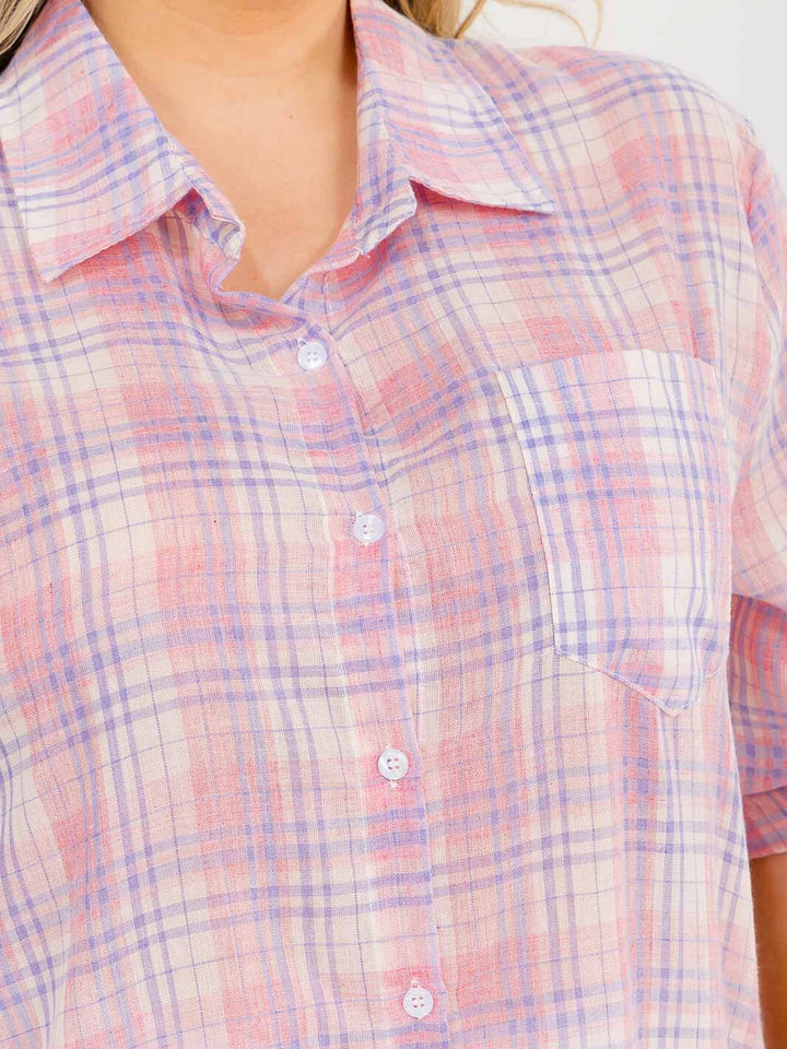 PLUS SIZE LONG SLEEVE BUTTON UP FRONT POCKET HIGH-LOW PLAID OVERSIZE SHIRT