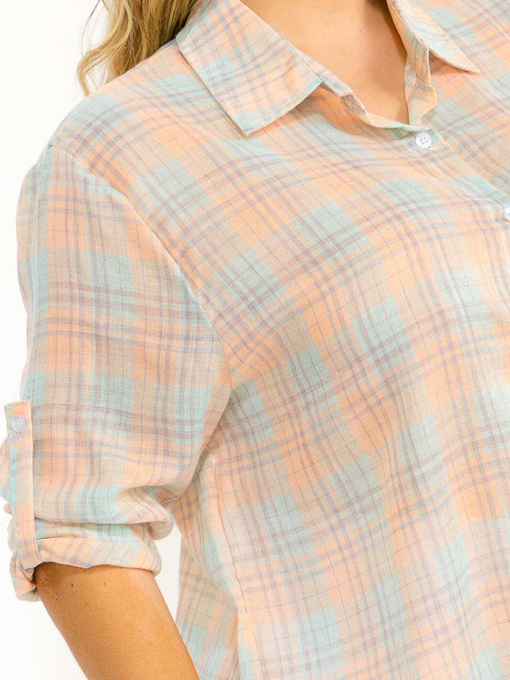 PLUS SIZE LONG SLEEVE BUTTON UP FRONT POCKET HIGH-LOW PLAID OVERSIZE SHIRT