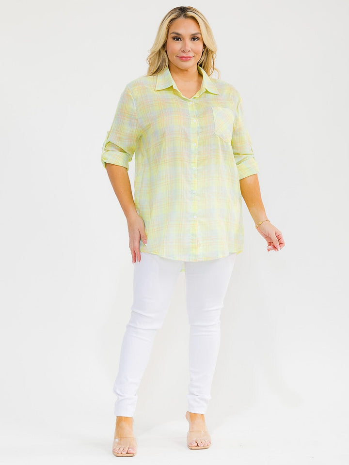 PLUS SIZE LONG SLEEVE BUTTON UP FRONT POCKET HIGH-LOW PLAID OVERSIZE SHIRT