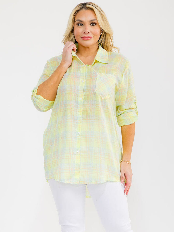 PLUS SIZE LONG SLEEVE BUTTON UP FRONT POCKET HIGH-LOW PLAID OVERSIZE SHIRT