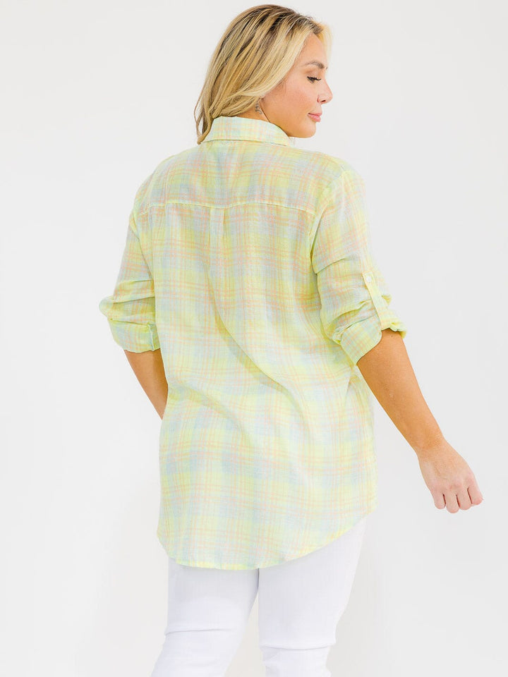 PLUS SIZE LONG SLEEVE BUTTON UP FRONT POCKET HIGH-LOW PLAID OVERSIZE SHIRT