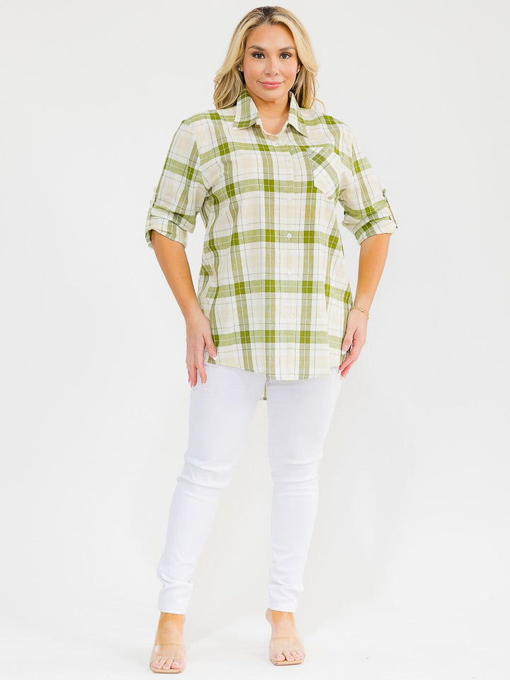 PLUS SIZE LONG SLEEVE BUTTON UP FRONT POCKET HIGH-LOW PLAID OVERSIZE SHIRT