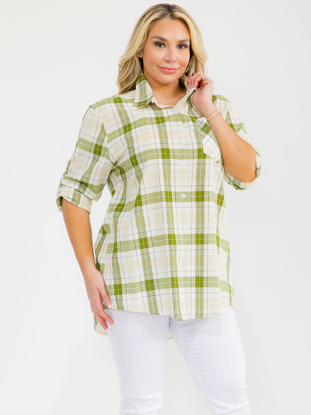 PLUS SIZE LONG SLEEVE BUTTON UP FRONT POCKET HIGH-LOW PLAID OVERSIZE SHIRT