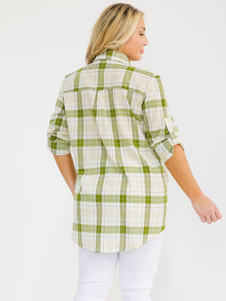 PLUS SIZE LONG SLEEVE BUTTON UP FRONT POCKET HIGH-LOW PLAID OVERSIZE SHIRT