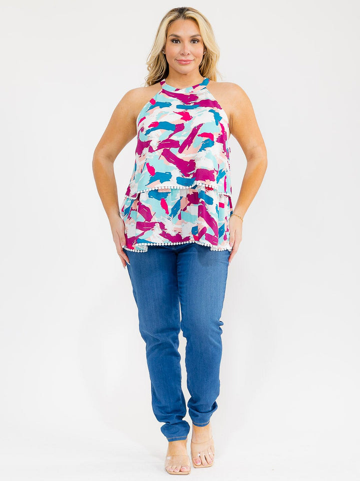 PLUS SIZE SLEEVELESS HALTER NECK MULTI PRINT TIERED TOP
