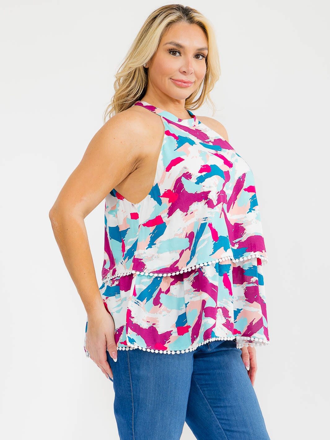 PLUS SIZE SLEEVELESS HALTER NECK MULTI PRINT TIERED TOP