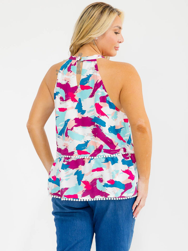 PLUS SIZE SLEEVELESS HALTER NECK MULTI PRINT TIERED TOP