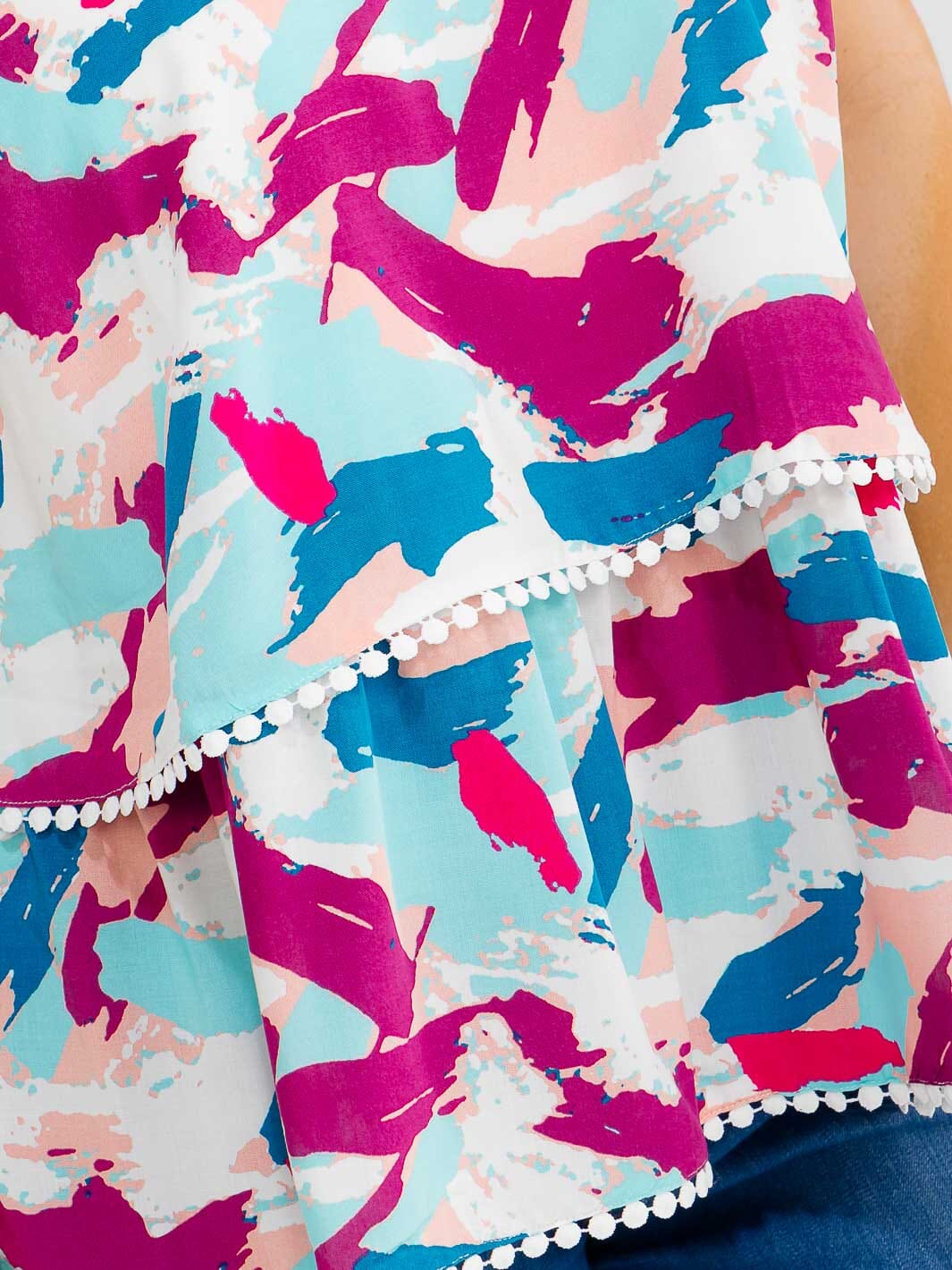 PLUS SIZE SLEEVELESS HALTER NECK MULTI PRINT TIERED TOP