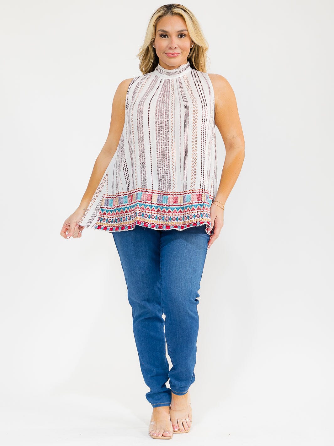 PLUS SIZE SLEEVELESS HALTER NECK MULTI PRINT EMBROIDERY TOP