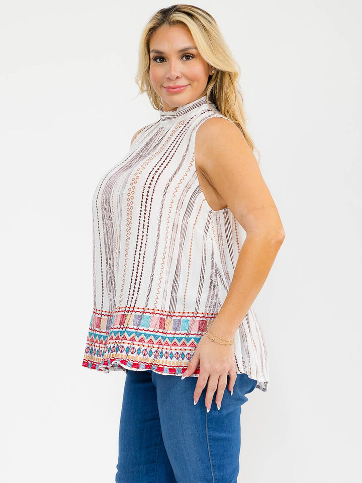 PLUS SIZE SLEEVELESS HALTER NECK MULTI PRINT EMBROIDERY TOP