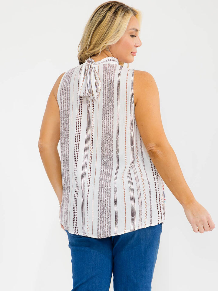 PLUS SIZE SLEEVELESS HALTER NECK MULTI PRINT EMBROIDERY TOP