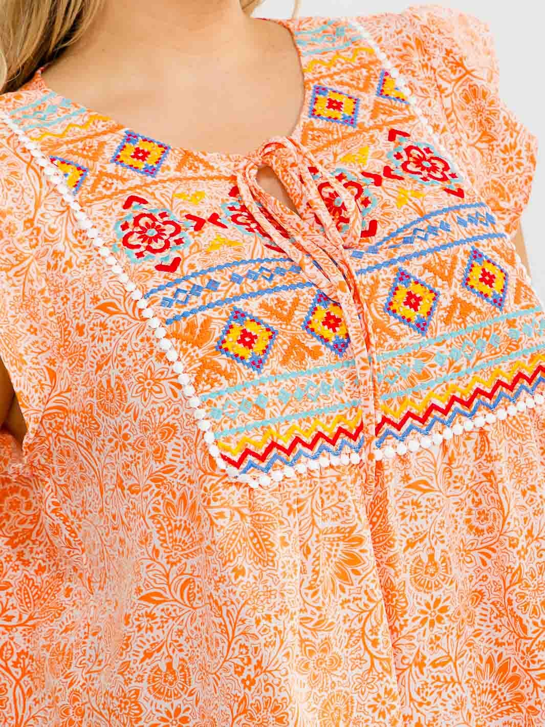 PLUS SIZE SHORT SLEEVE V-NECK MULTI PRINT EMBROIDERY BLOUSE