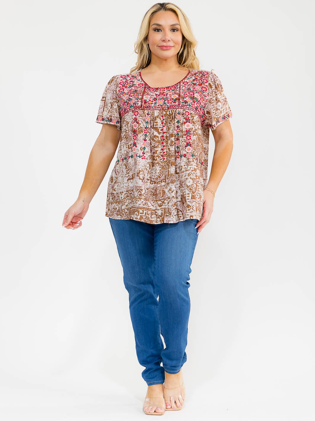 PLUS SIZE SHORT SLEEVE EMBROIDERY FLORAL DETAILED TUNIC MULTI TOP
