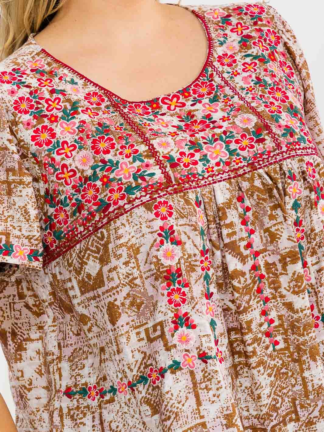 PLUS SIZE SHORT SLEEVE EMBROIDERY FLORAL DETAILED TUNIC MULTI TOP