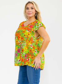 PLUS SIZE RUFFLE SLEEVE V-NECK FLORAL PRINT EMBROIDERY BLOUSE