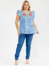 PLUS SIZE RUFFLE SLEEVE V-NECK FLORAL EMBROIDERY BLOUSE