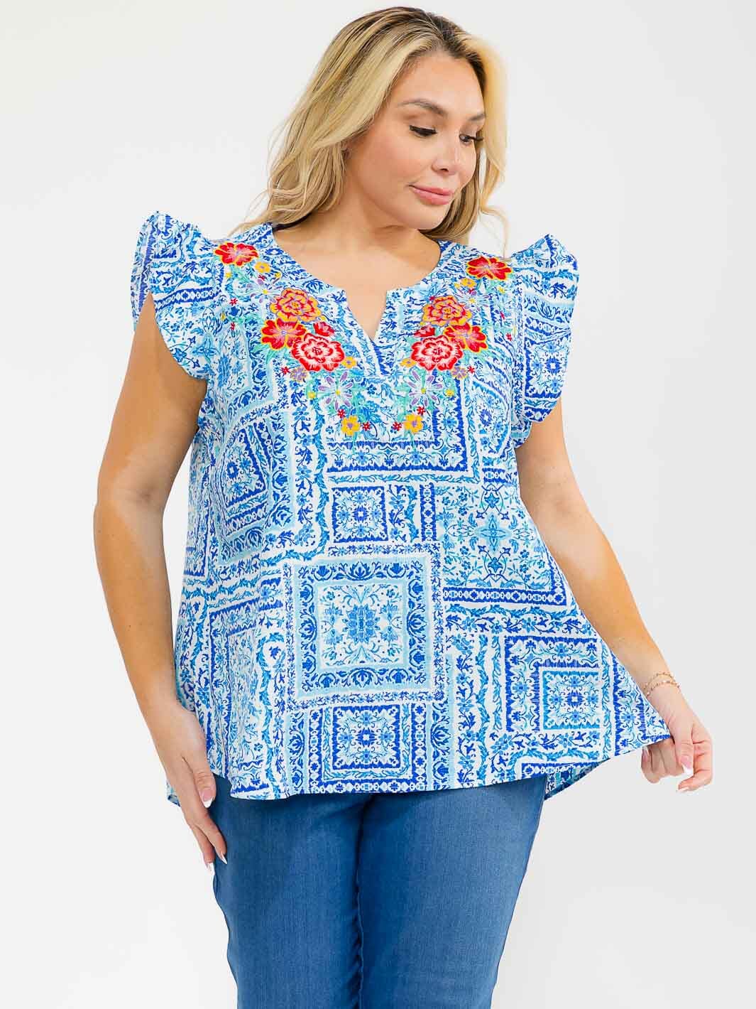 PLUS SIZE RUFFLE SLEEVE V-NECK FLORAL EMBROIDERY BLOUSE