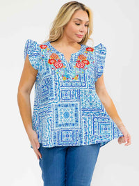 PLUS SIZE RUFFLE SLEEVE V-NECK FLORAL EMBROIDERY BLOUSE