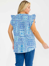 PLUS SIZE RUFFLE SLEEVE V-NECK FLORAL EMBROIDERY BLOUSE