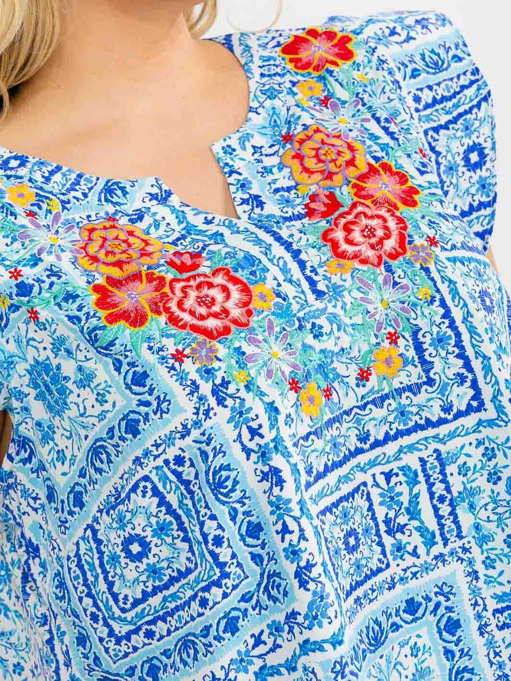 PLUS SIZE RUFFLE SLEEVE V-NECK FLORAL EMBROIDERY BLOUSE