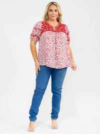 PLUS SIZE SHORT SLEEVE V-NECK FLORAL PRINT EMBROIDERY BLOUSE