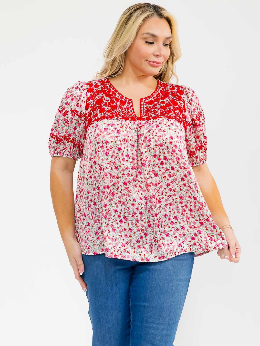 PLUS SIZE SHORT SLEEVE V-NECK FLORAL PRINT EMBROIDERY BLOUSE