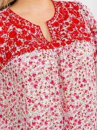 PLUS SIZE SHORT SLEEVE V-NECK FLORAL PRINT EMBROIDERY BLOUSE