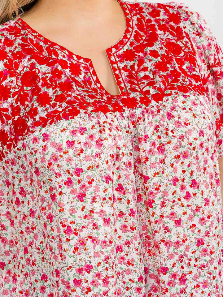 PLUS SIZE SHORT SLEEVE V-NECK FLORAL PRINT EMBROIDERY BLOUSE