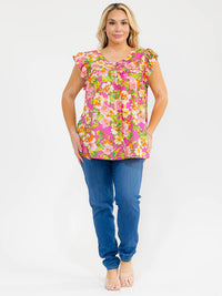 PLUS SIZE RUFFLE SLEEVE FLORAL PRINT BLOUSE