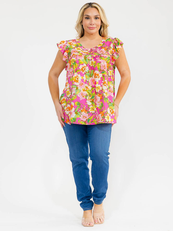 PLUS SIZE RUFFLE SLEEVE FLORAL PRINT BLOUSE
