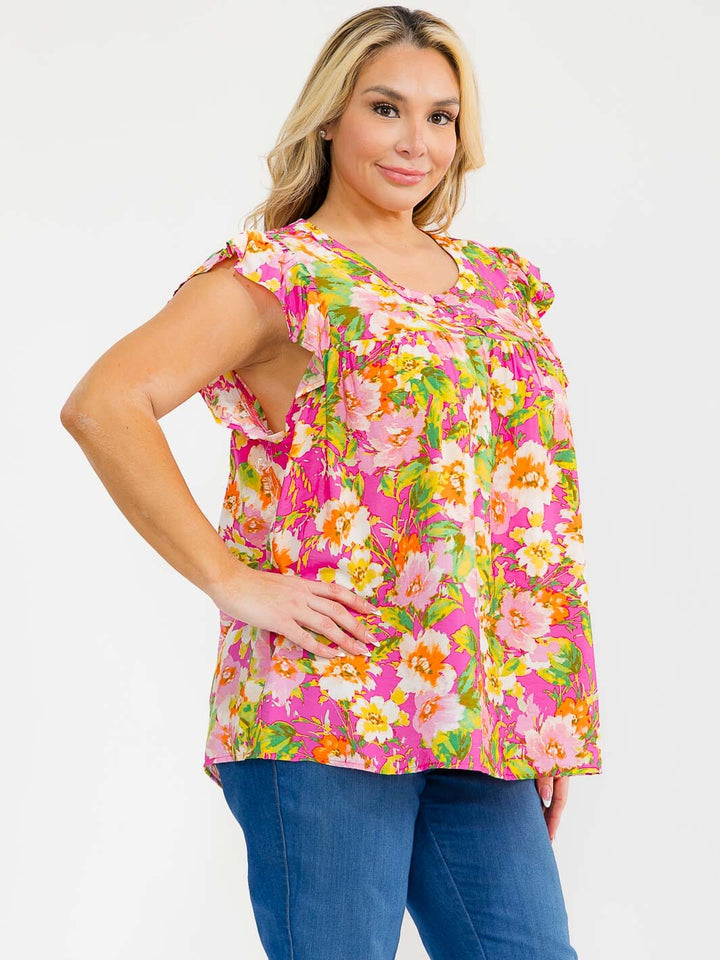 PLUS SIZE RUFFLE SLEEVE FLORAL PRINT BLOUSE