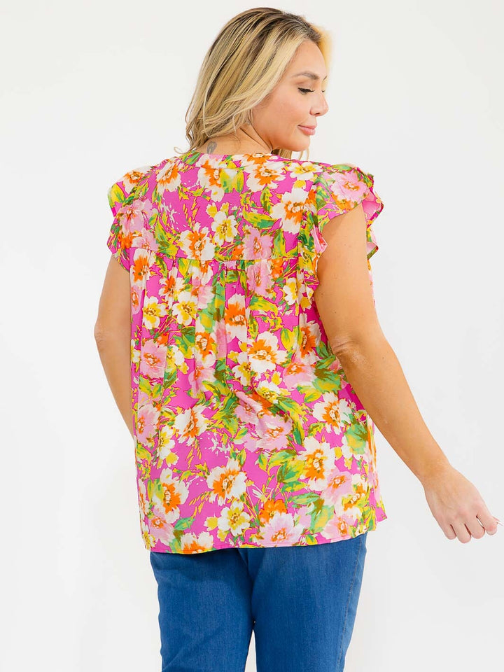 PLUS SIZE RUFFLE SLEEVE FLORAL PRINT BLOUSE