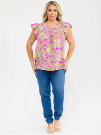 PLUS SIZE RUFFLE SLEEVE FLORAL PRINT BLOUSE