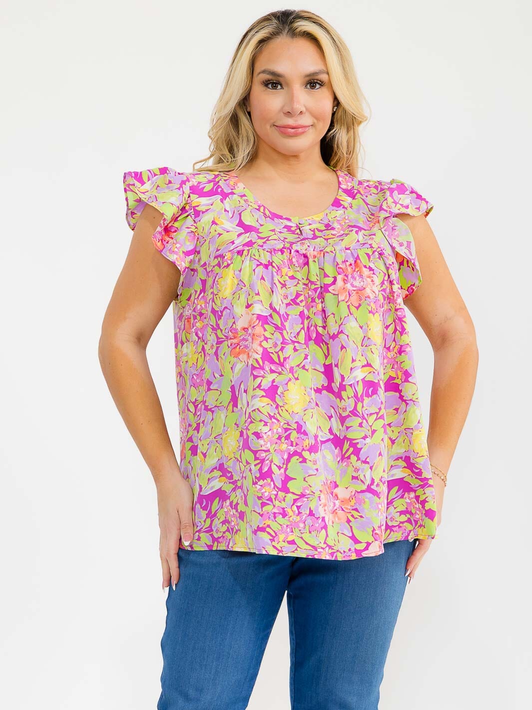 PLUS SIZE RUFFLE SLEEVE FLORAL PRINT BLOUSE