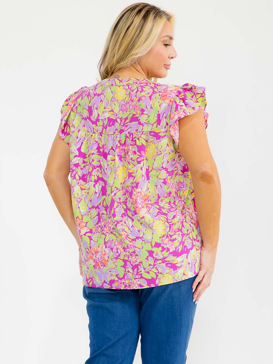 PLUS SIZE RUFFLE SLEEVE FLORAL PRINT BLOUSE